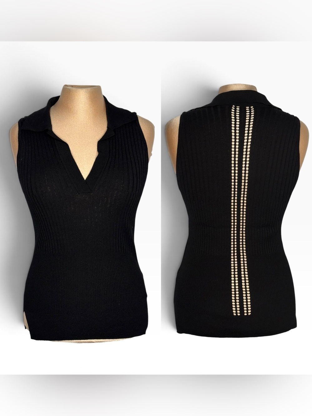 SFIZIO Made In Italy Black Ribbed V‑Neck Sleeveless‎ collared Top Medium.